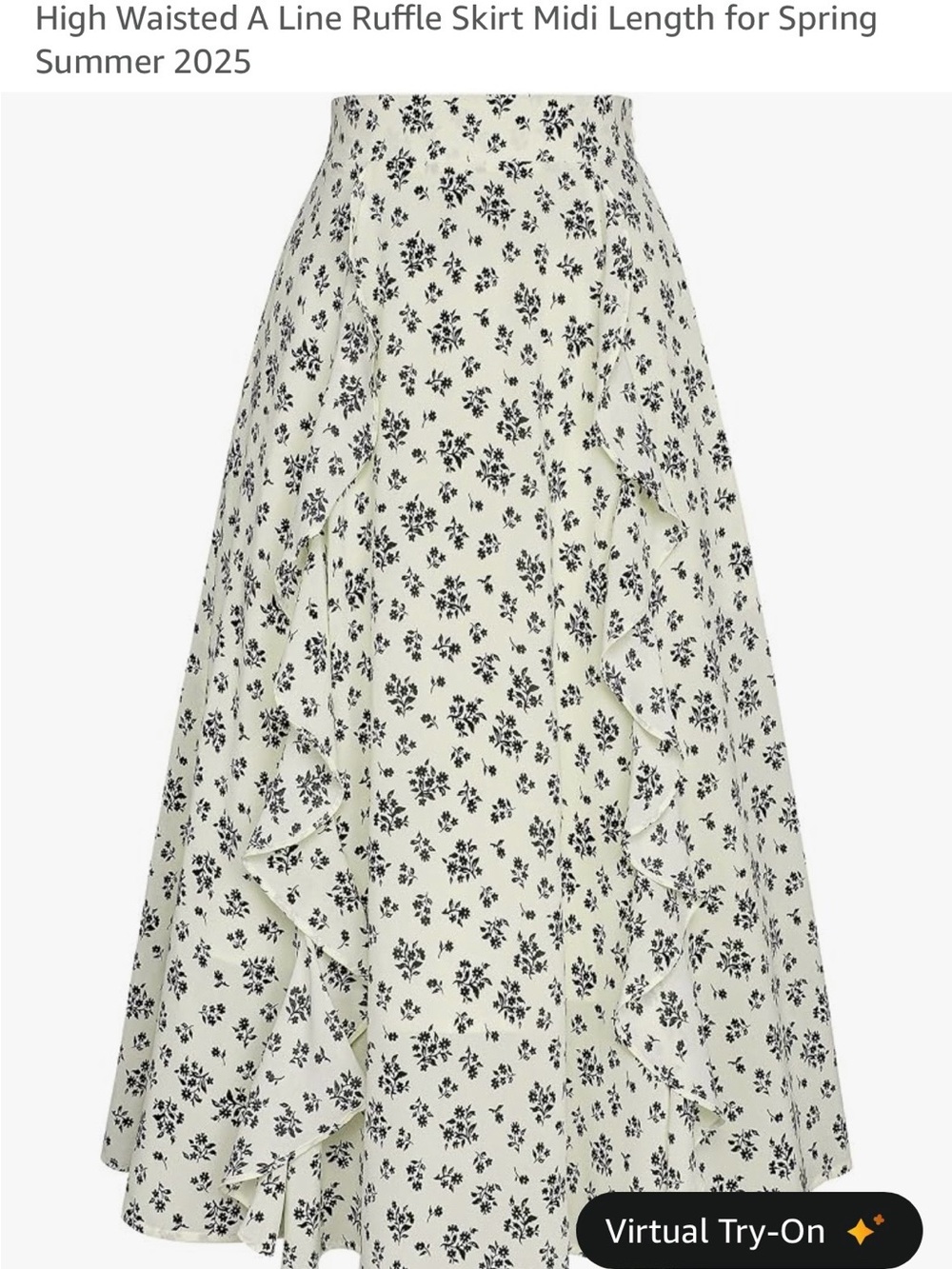 Floral Ruffle A-Line Midi Skirt in Cream and Black